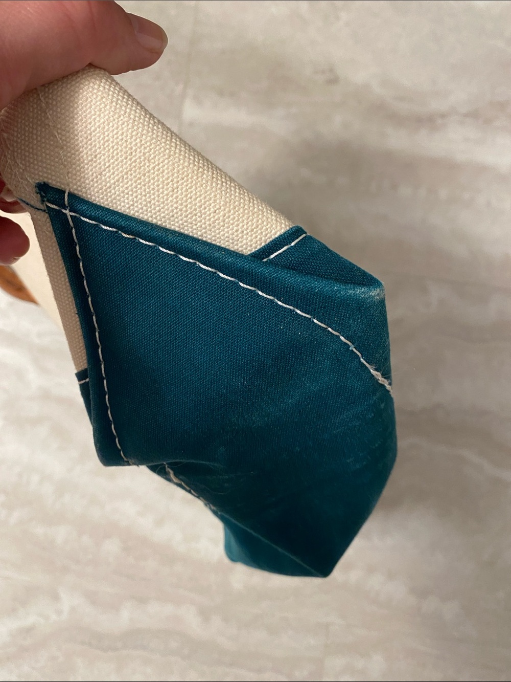 Vintage 90’sL.L. Bean Cream Canvas Mini Tote with Teal Trim & Leather Handles - Picture 5 of 8